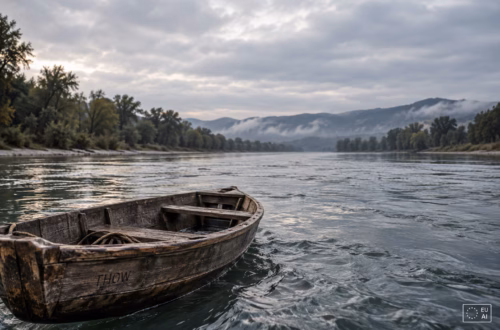 Ruhig fließender Fluss mit einem alten Holzboot unter grauem Himmel; das Boot trägt dezent die Aufschrift THOW.