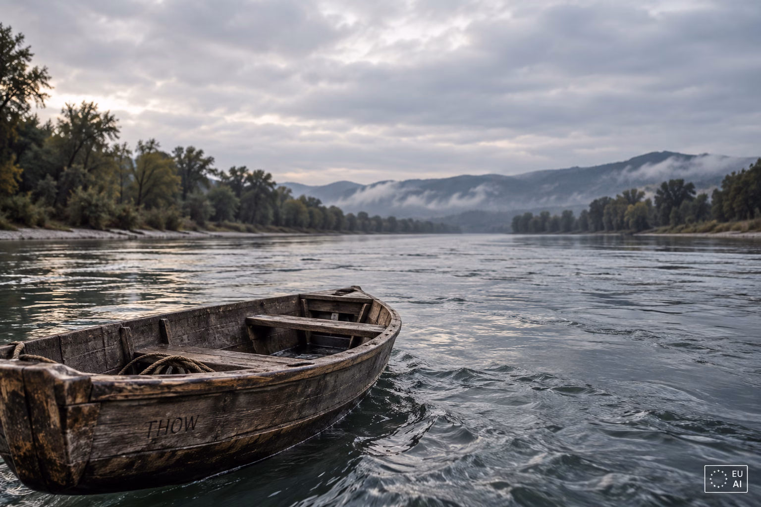 Ruhig fließender Fluss mit einem alten Holzboot unter grauem Himmel; das Boot trägt dezent die Aufschrift THOW.
