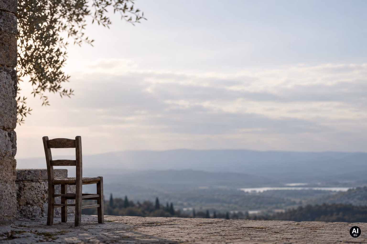 Verwitterter Holzstuhl auf einer weiten steinernen Terrasse mit Blick in eine offene, neblige Landschaft.