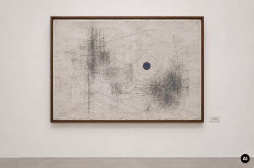 Gerahmte Graphitarbeit in einer Galerie: Überlagerte Linien umgeben einen ruhigen dunkelblauen Punkt.