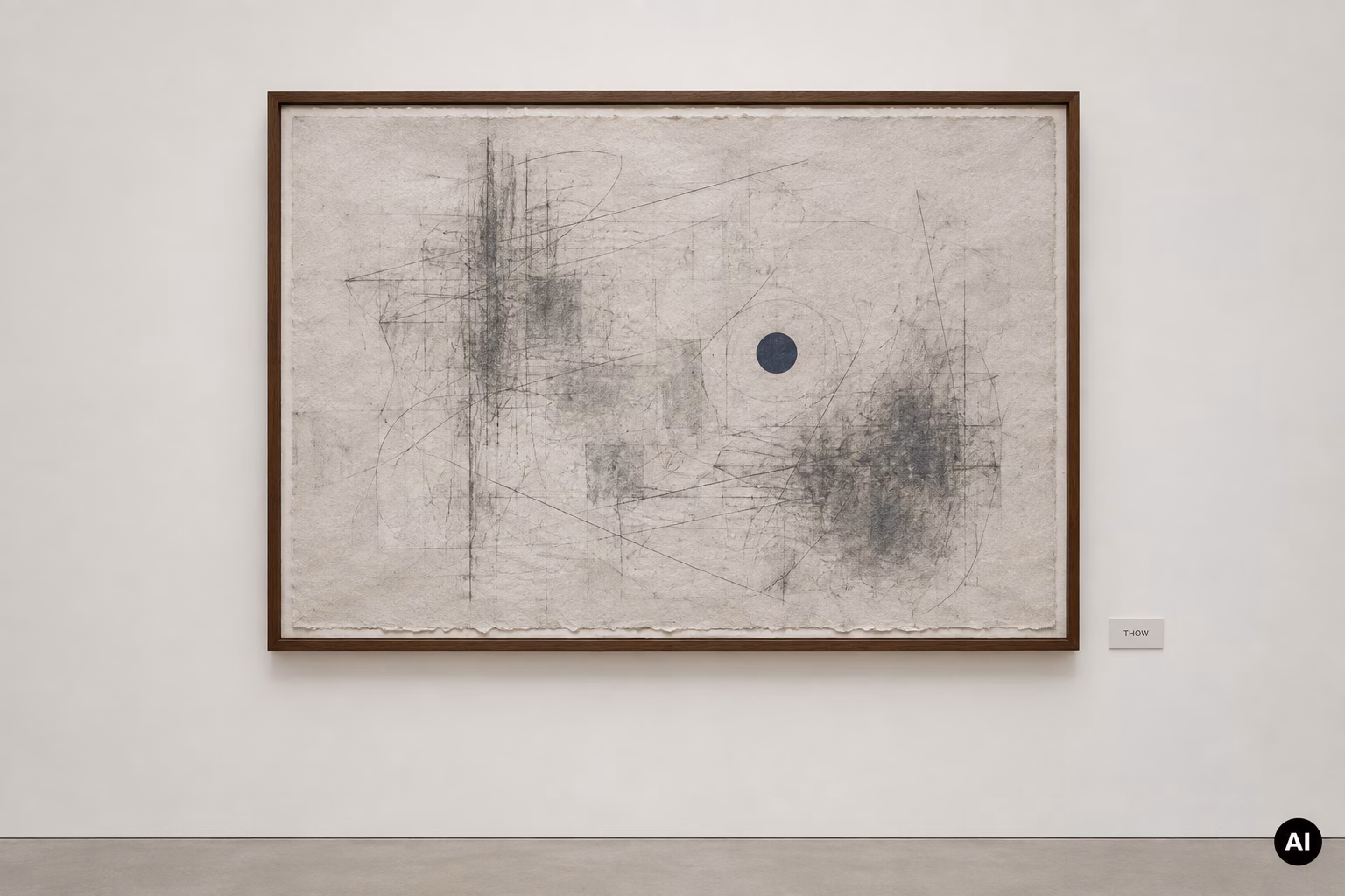 Gerahmte Graphitarbeit in einer Galerie: Überlagerte Linien umgeben einen ruhigen dunkelblauen Punkt.